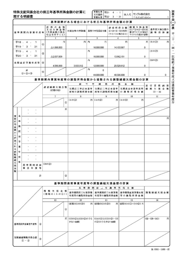 法人税申告書 別表14（1）付表 サンプルイメージ